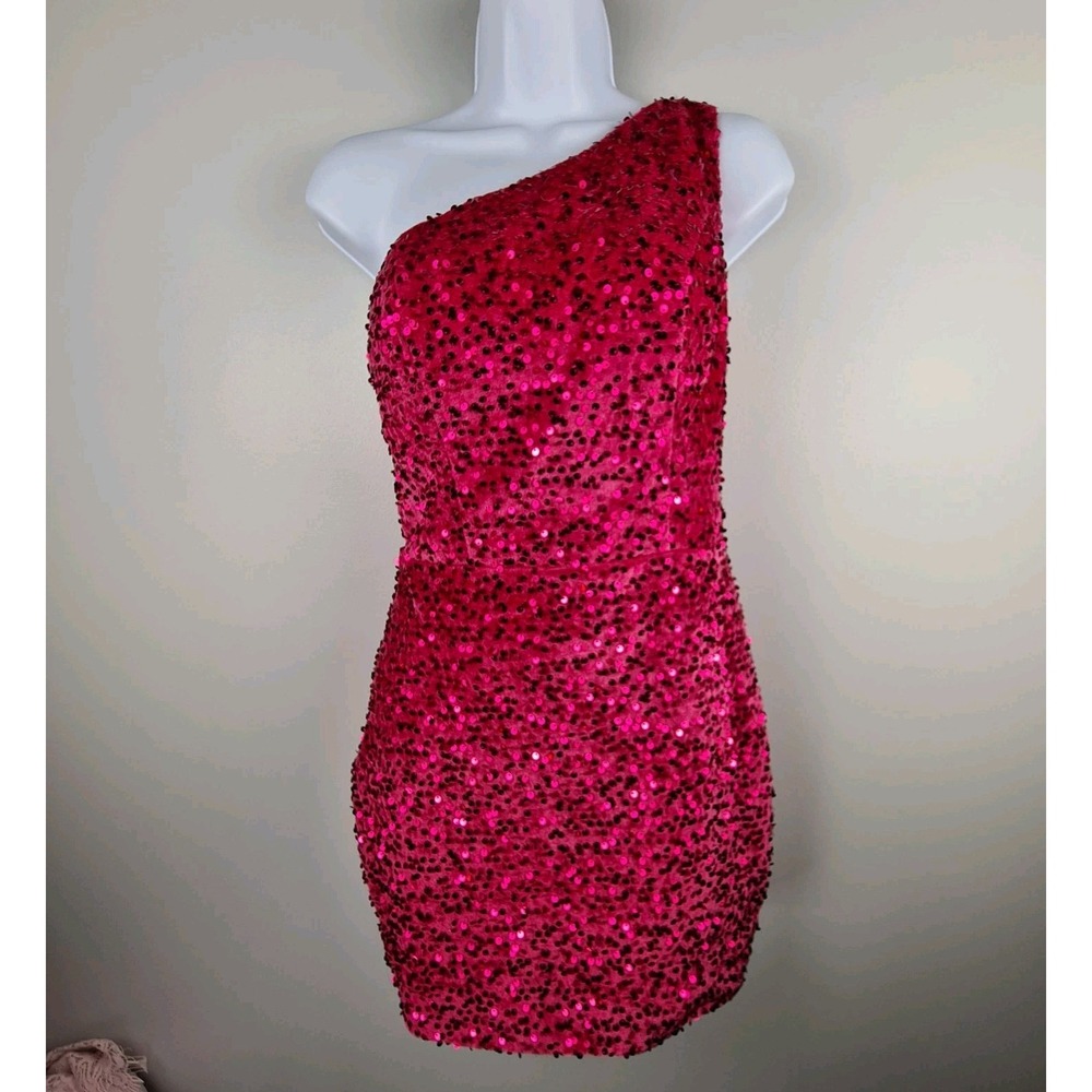Milly Bridal Sequin Velvet One-Shoulder Mini Dress XS/S Hot Pink Open Back Party